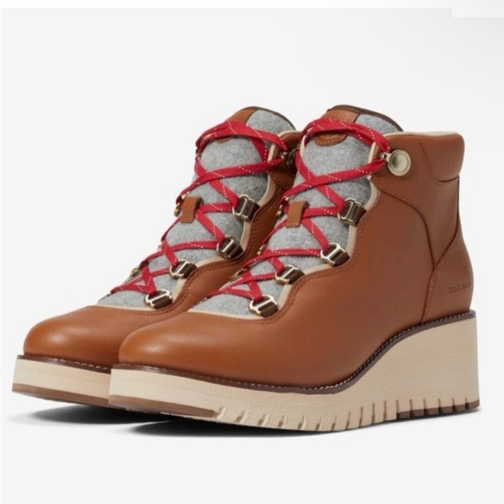 VERY USED Cole Haan Tan Leather Wedge Hiker Boot with Red Laces